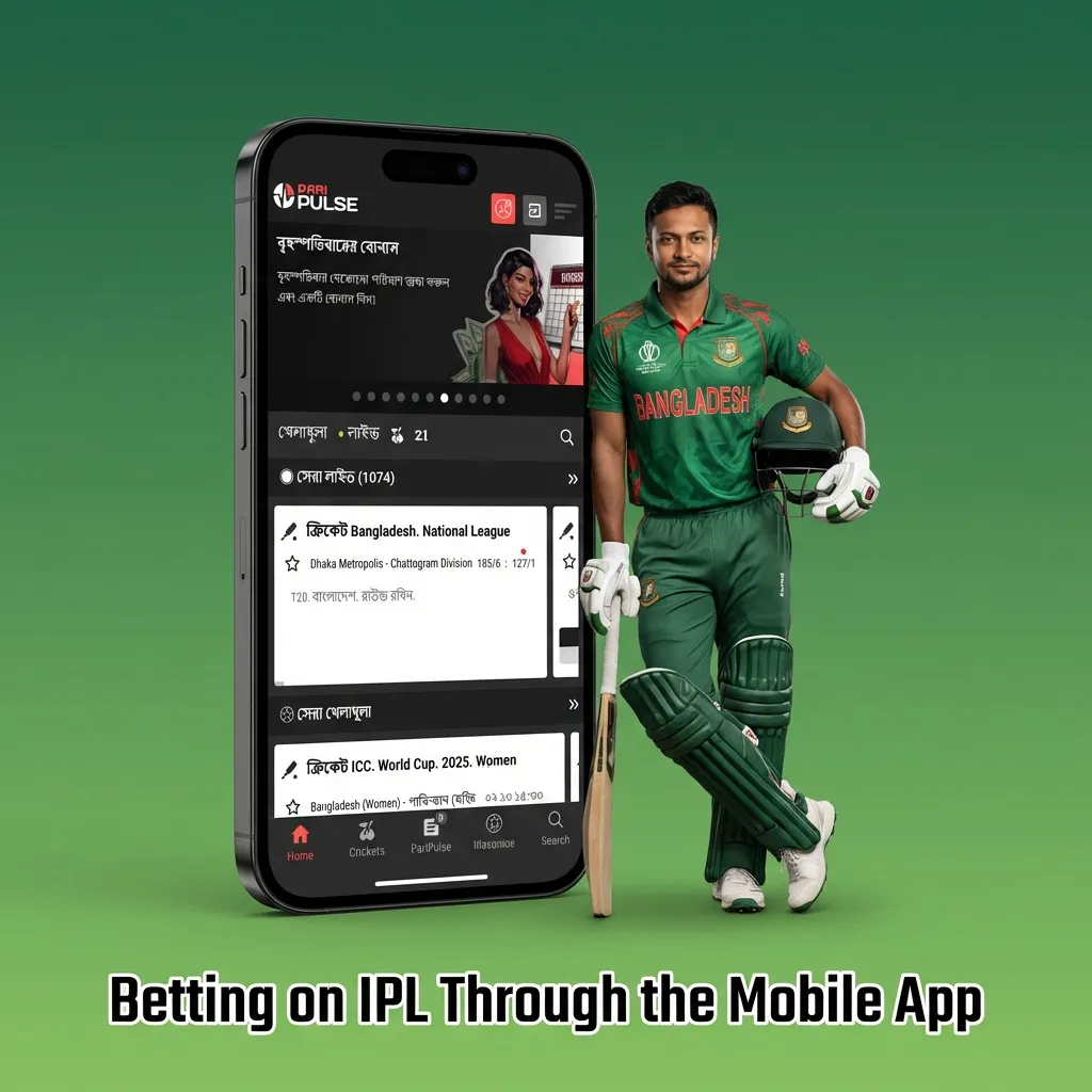 Mobile betting app interface showing IPL cricket matches, odds, and deposit options for Android and iOS users